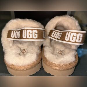 UGG Cream and Tan Fluffy Slingback slippers kids size 12T